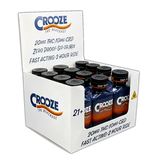 Display of Crooze THC beverage bottles in a box with visible branding.