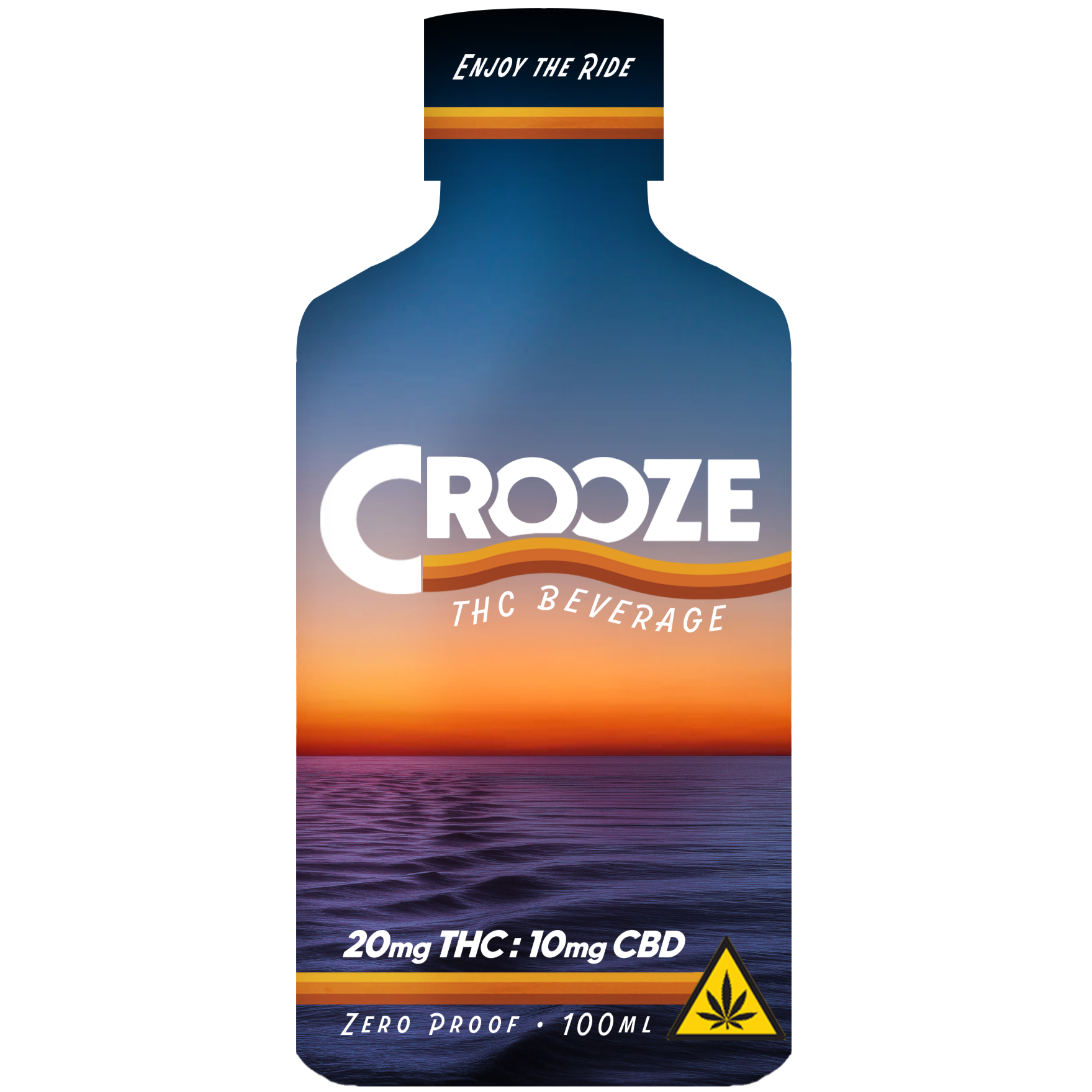 Crooze THC beverage bottle with sunset design on a white background