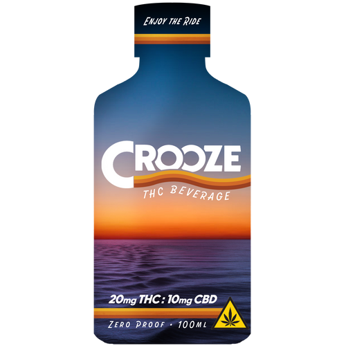 Crooze THC beverage bottle with sunset design on a white background